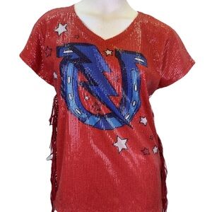 Double D Ranch Red Sequin V-Neck Topwestern Sz Med leather side Fringe